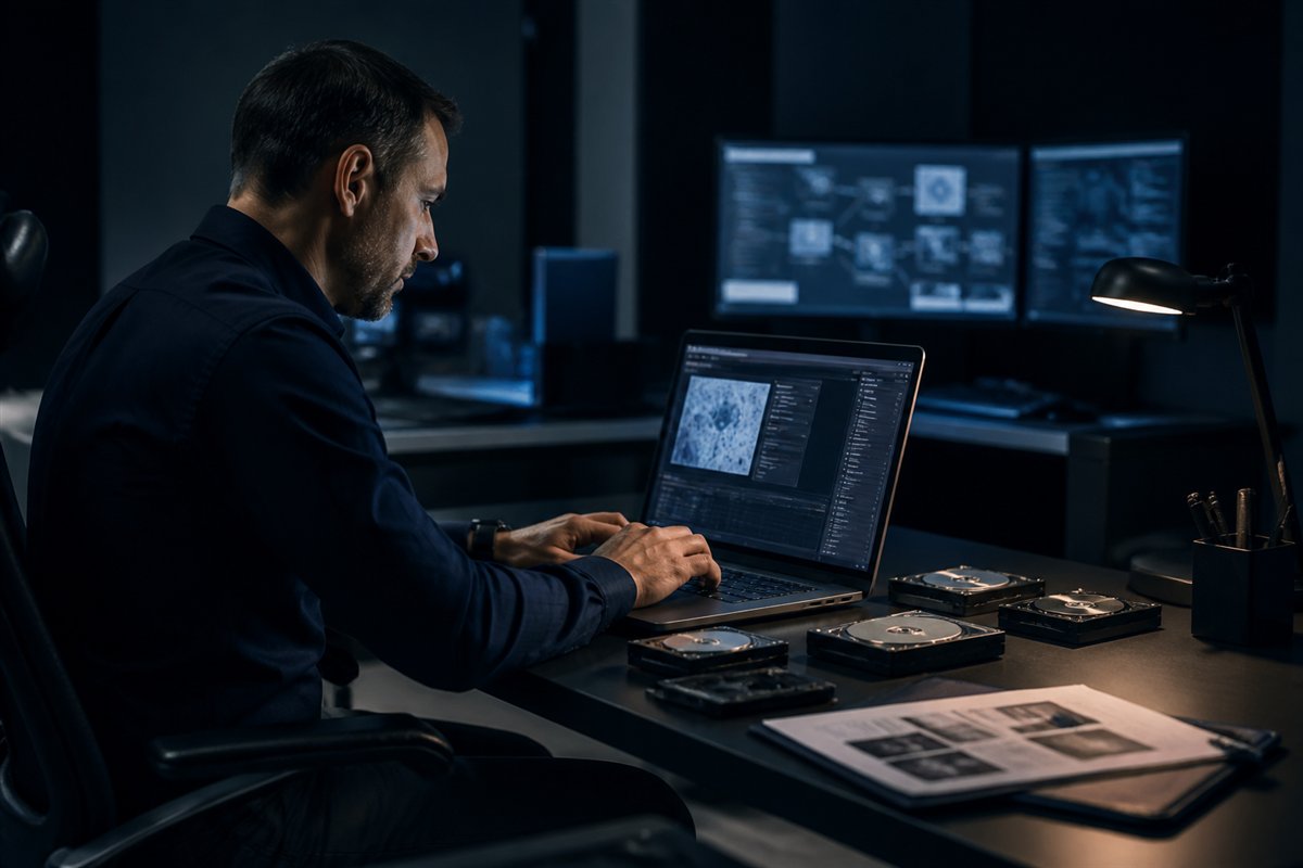 Perito informático judicial trabajando con evidencias digitales