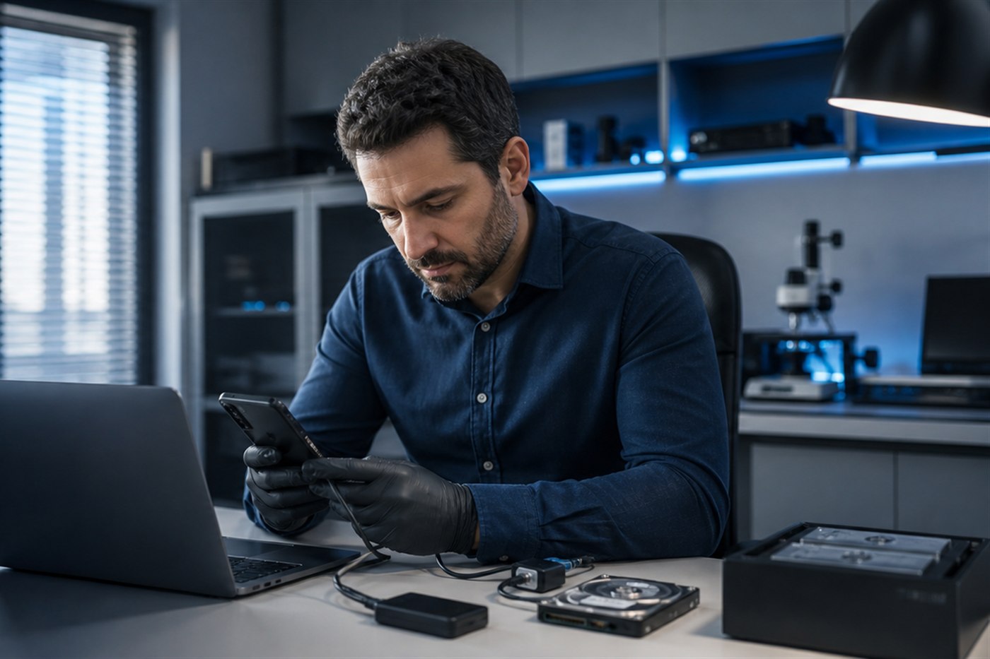 Perito informático examinando un teléfono móvil en un laboratorio forense de Huelva